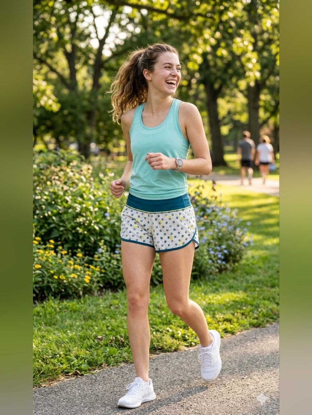 lululemon athletica Teal Tank with White Floral-Print Athletic Shorts